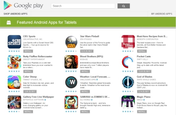 "Polecane aplikacje na Androida na tablety" w Google Play