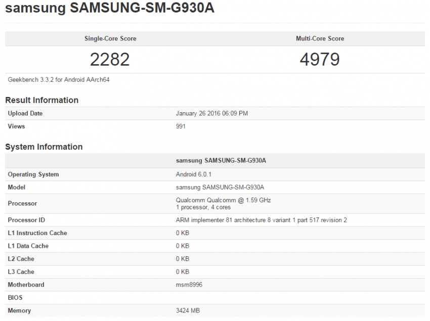 Samsung Galaxy S7 Qualcomm Snapdragon 820 Benchmark Geekbench