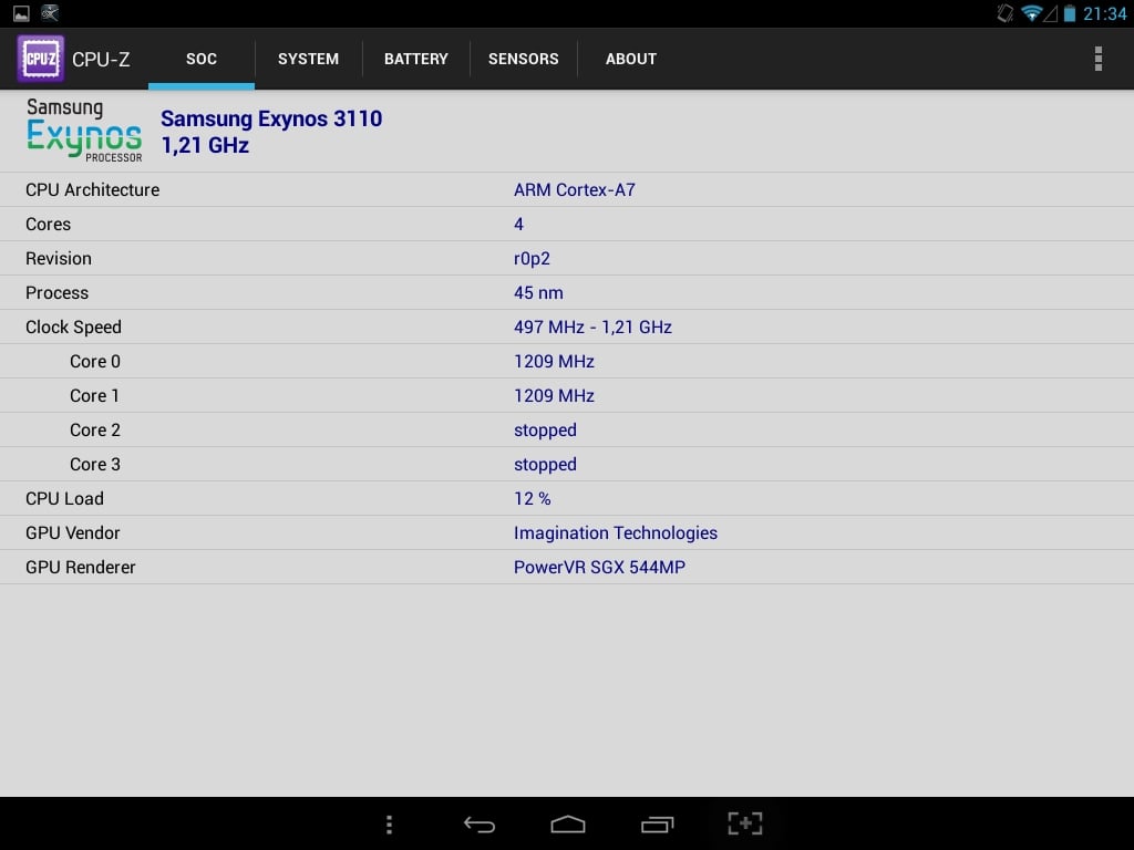 Co ciekawe, program CPU-Z pokazuje, że jednostką centralną Aries 785 jest Samsung Exynos 3110 1,2GHz, a nie MediaTek MT8389.