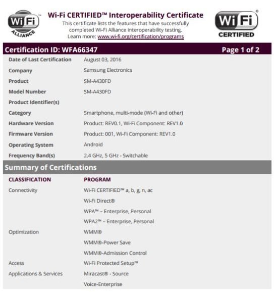 Samsung Galaxy A4 w Wi-Fi Alliance