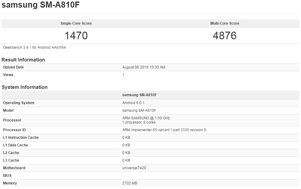 Samsung Galaxy A8 (2016) w Geekbench
