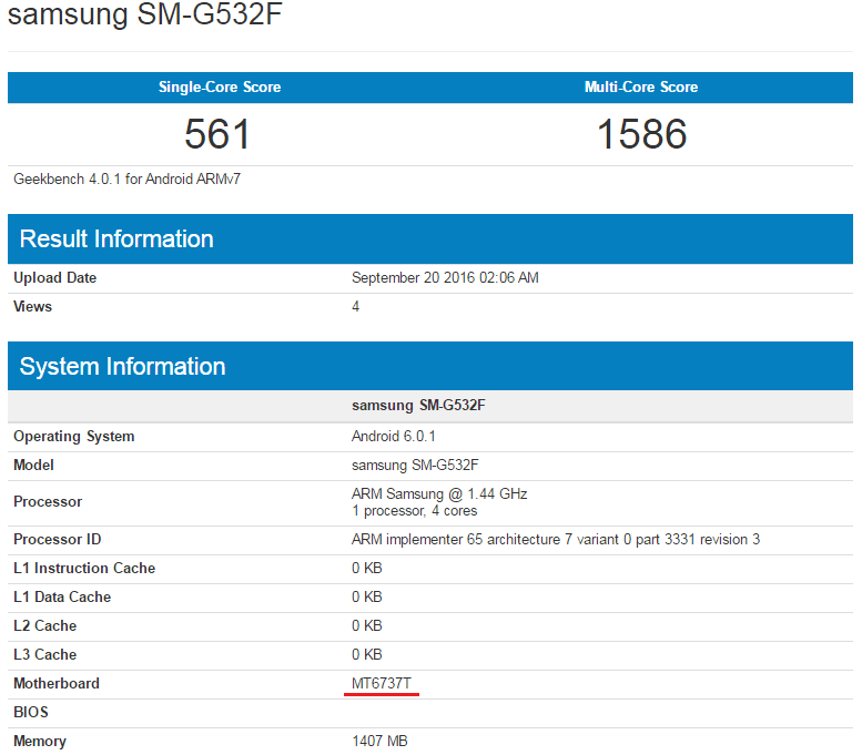 Samsung Galaxy Grand Prime (2016) w Geekbench