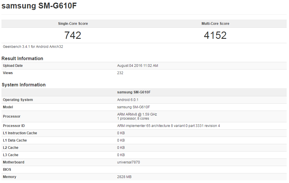 Samsung Galaxy On7 (2016) w Geekbench