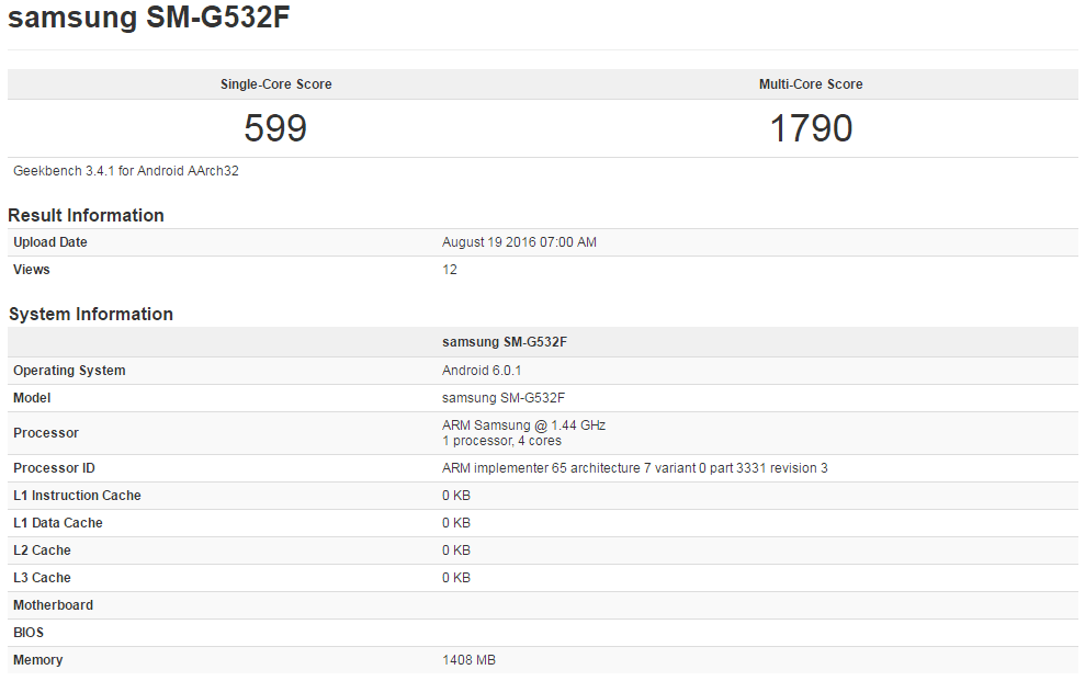 Samsung Galaxy Grand Prime (2016) w Geekbench