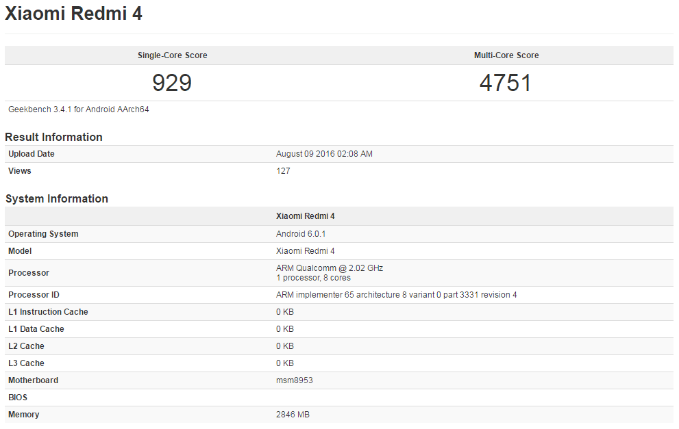Xiaomi Redmi 4 w Geekbench