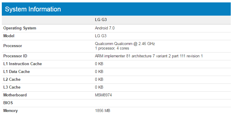 LG G3 z Androidem 7.0 Nougat w Geekbench