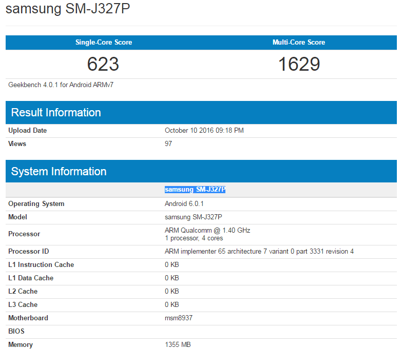 Samsung Galaxy J3 (2017) w Geekbench