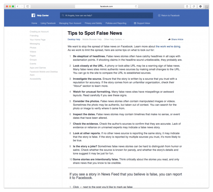 Wskazówki, jak uniknąć fake news - Facebook