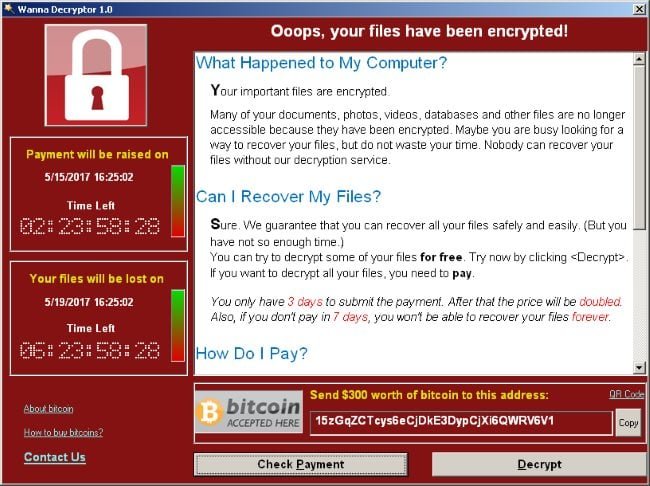 Ekran WannaCry, pojawiający się po zainfekowaniu komputera z systemem Microsoft Windows