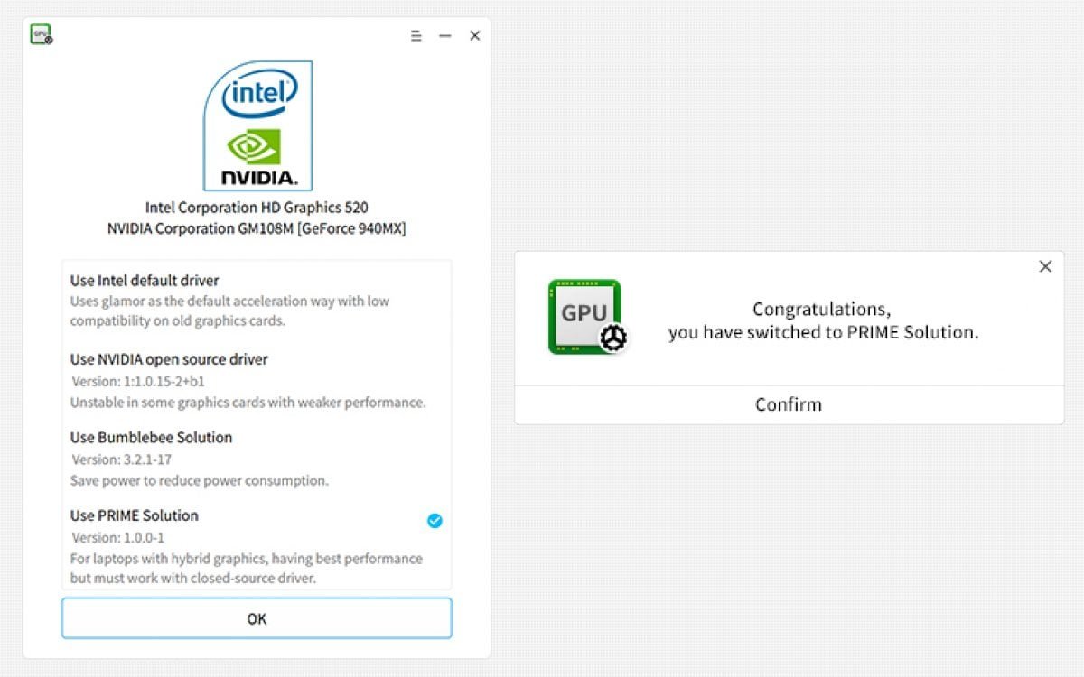 Intel corporation graphics driver. NVIDIA open source. Debian Prime NVIDIA