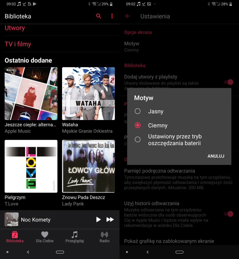 Tryb ciemny w Apple Music na Androidzie