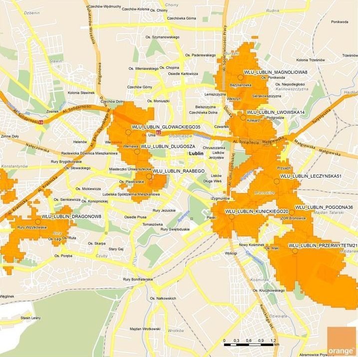 zasięg testowej sieci 5G w Lublinie (na zewnątrz budynków)