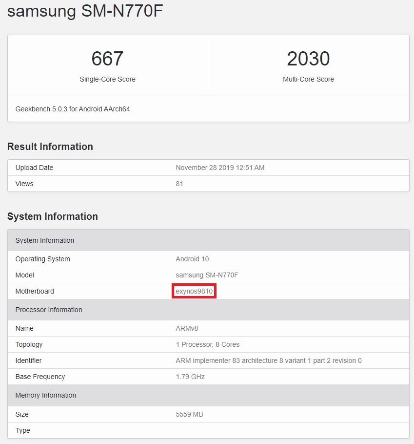 Samsung Galaxy Note 10 Lite Exynos 9810 Geekbench