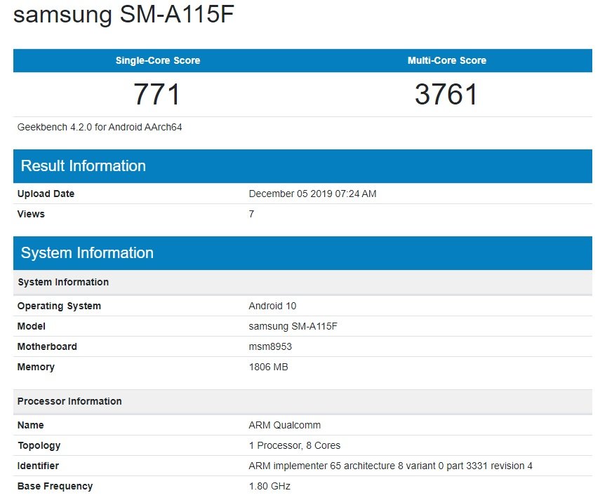 Samsung Galaxy A11 SM-A115F Geekbench