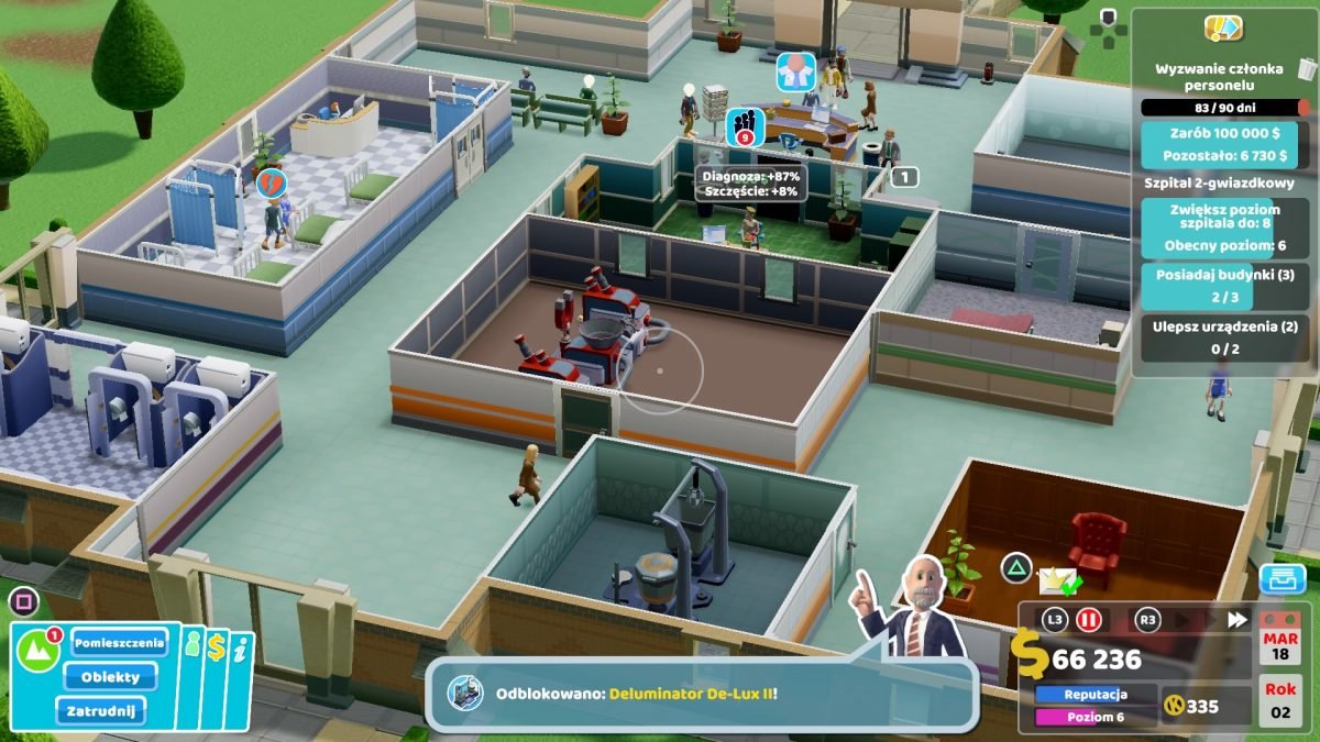 gracz gra Two Point Hospital