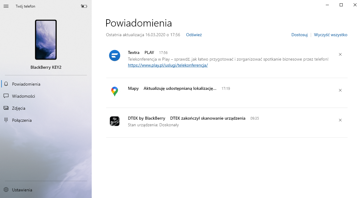 Twój telefon w Windows 10 - powiadomienia