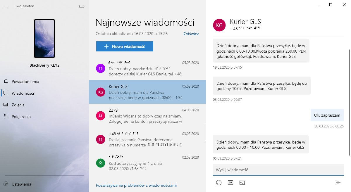 Twój telefon w Windows 10 - wiadomości