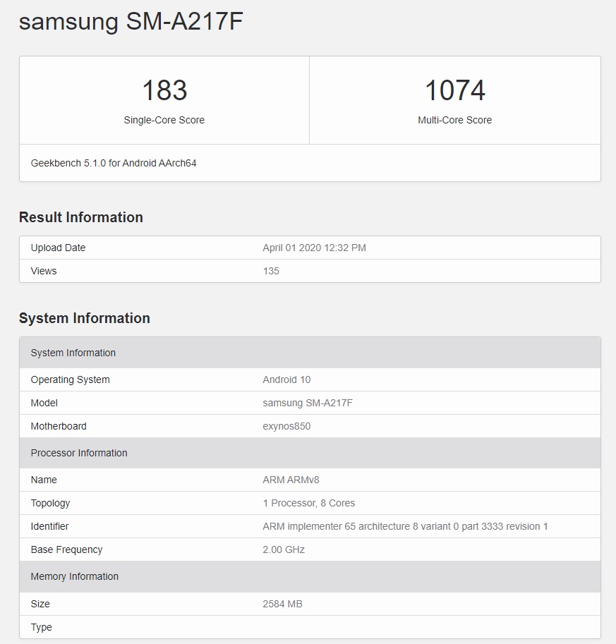 Samsung Galaxy A21s SM-A217F Geekbench