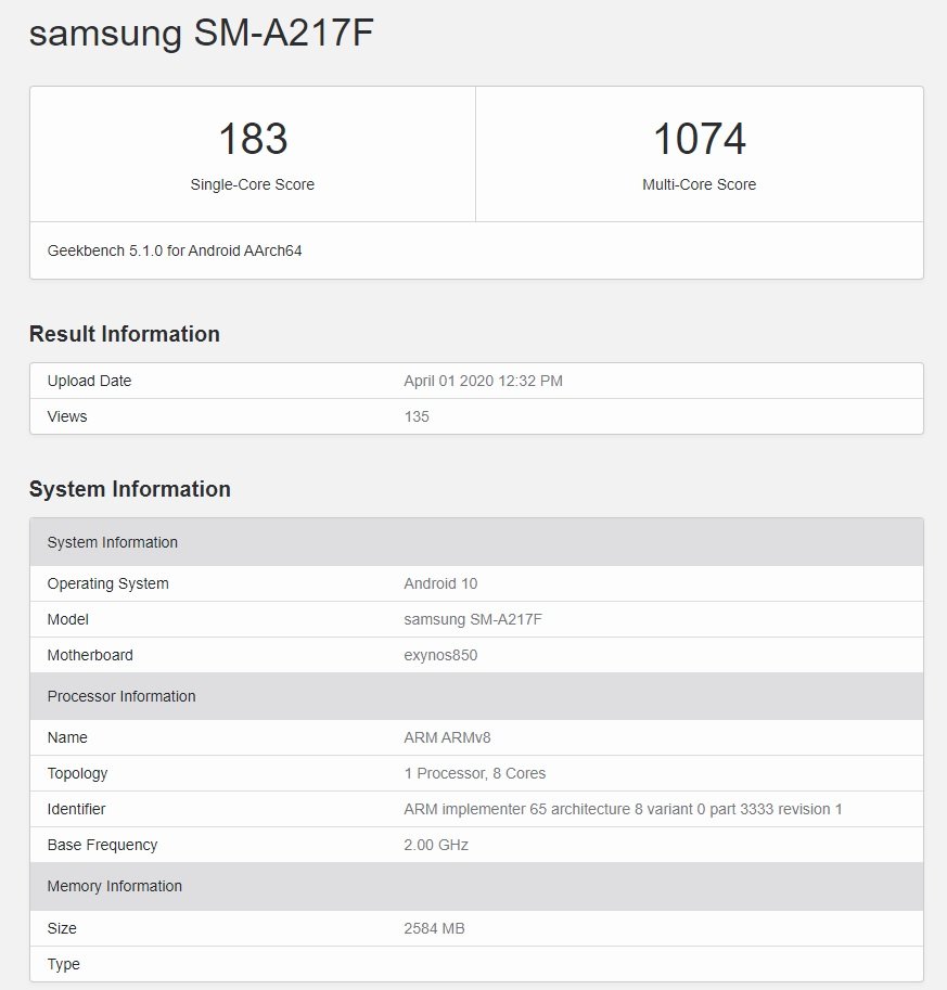 Samsung Galaxy A21s SM-A217F Geekbench