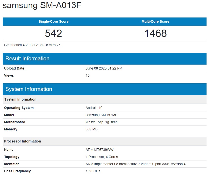 Samsung Galaxy A01e SM-A013F Geekbench