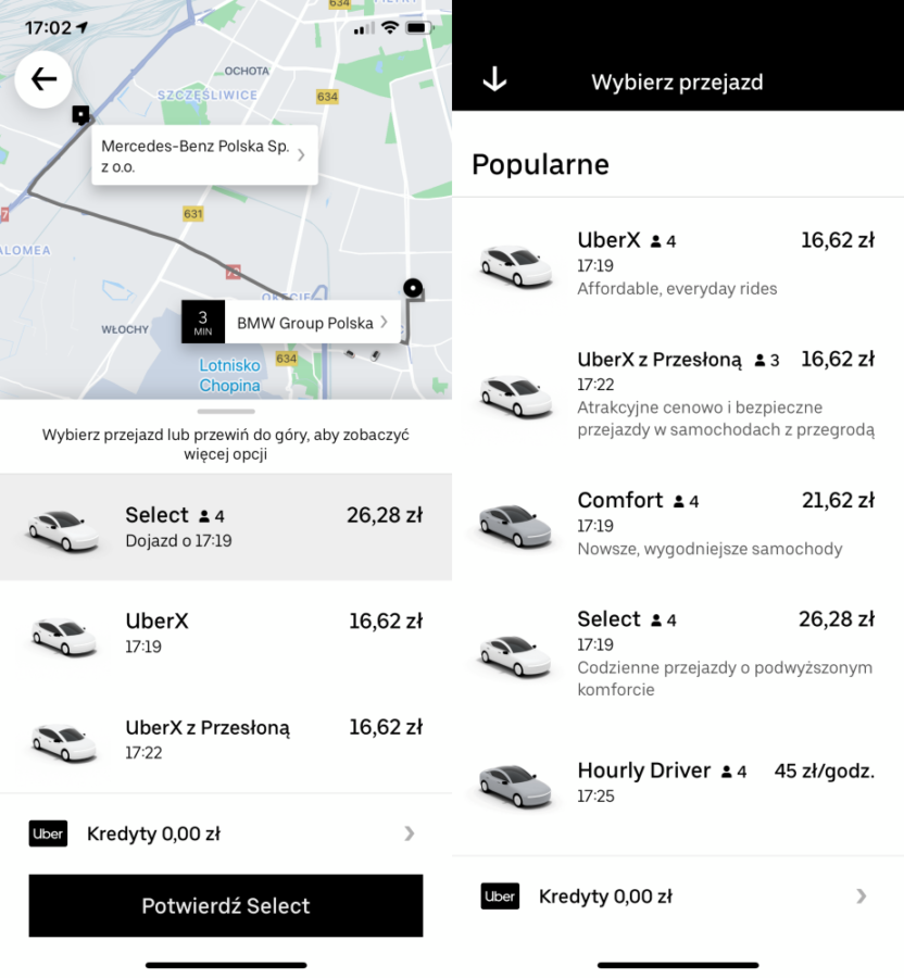 Uber Comfort w aplikacji na iOS.