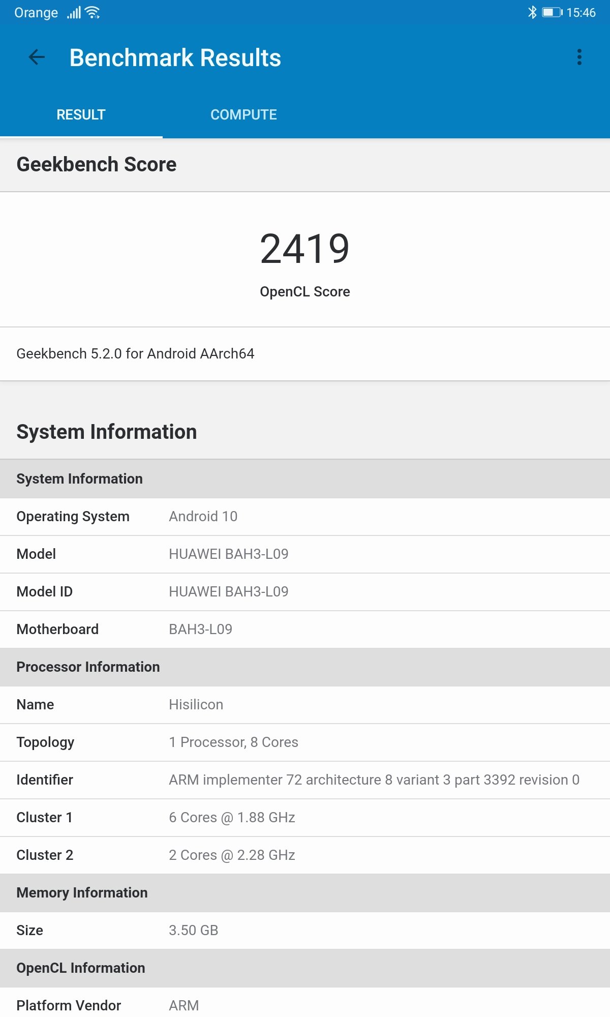 MatePad 10 Geekbench 5 Compute OpenCL