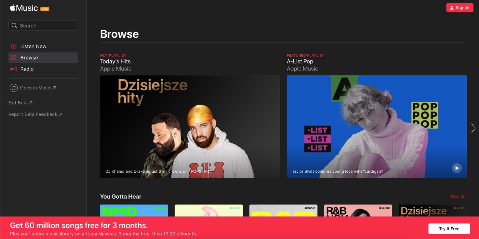 Apple Music beta w przeglądarce