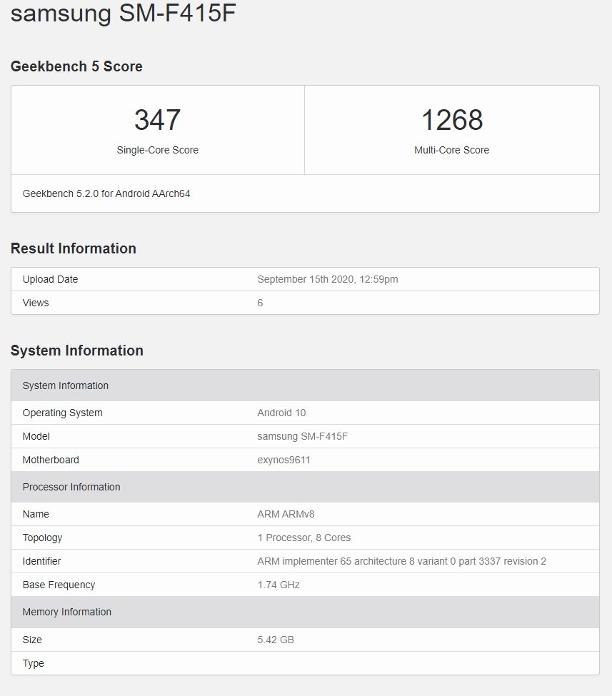 smartfon Samsung Galaxy F41 SM-F415F smartphone Geekbench