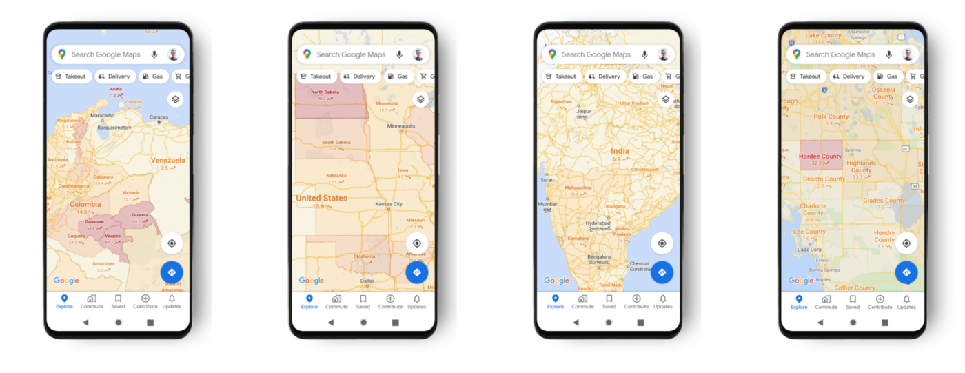 warstwa informacje o COVID-19 w aplikacji Mapy Google