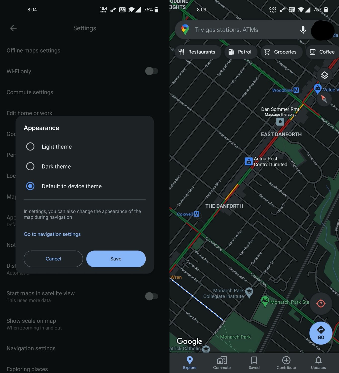 Mapy Google – ciemny motyw.