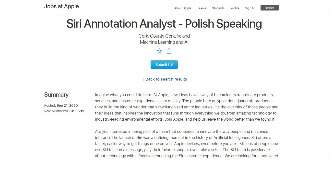Oferta pracy na stanowisku analityka ds. adnotacji i notatek przy Siri w Apple