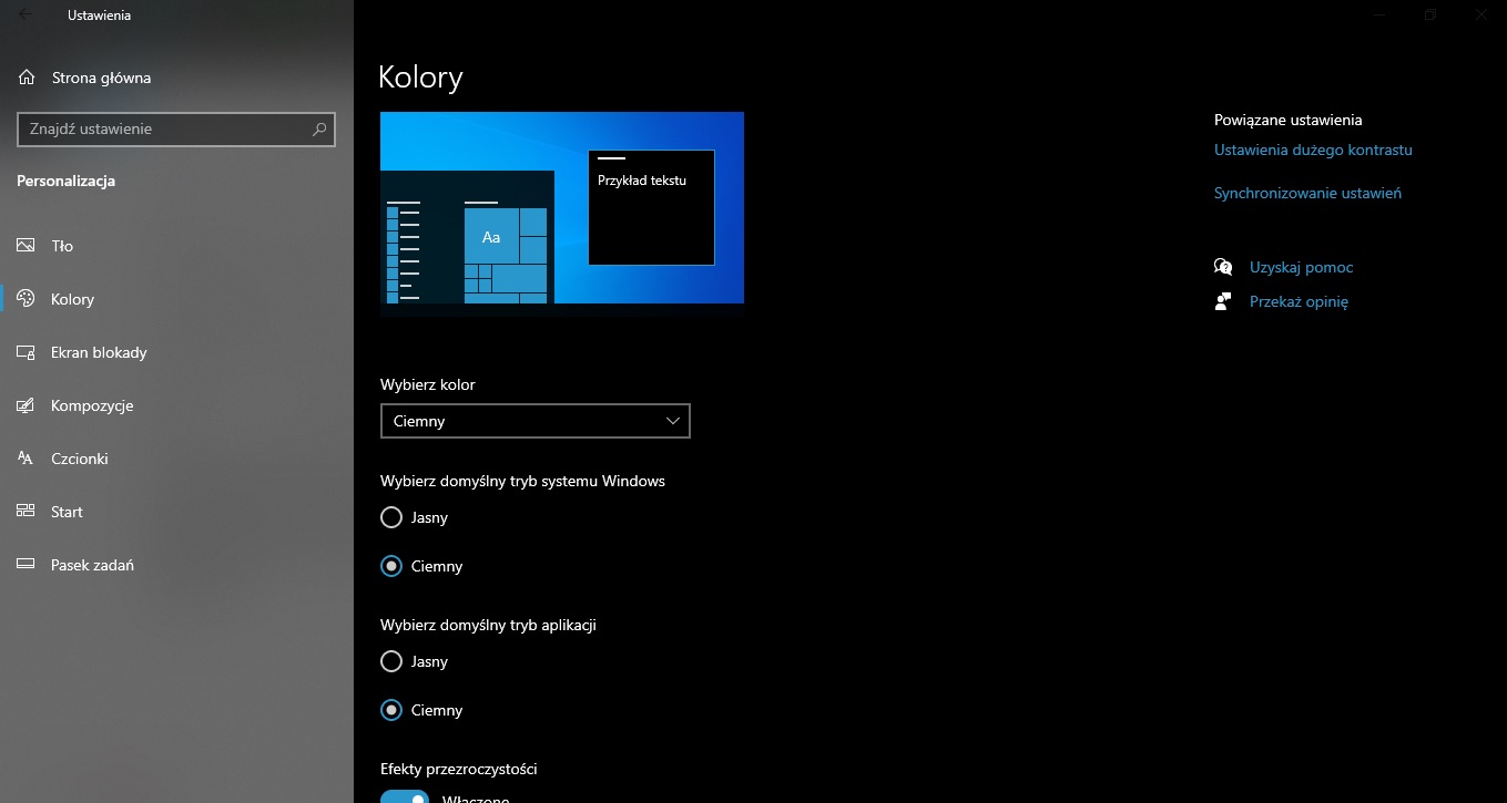 Windows 10 Dark Mode w ustawieniach