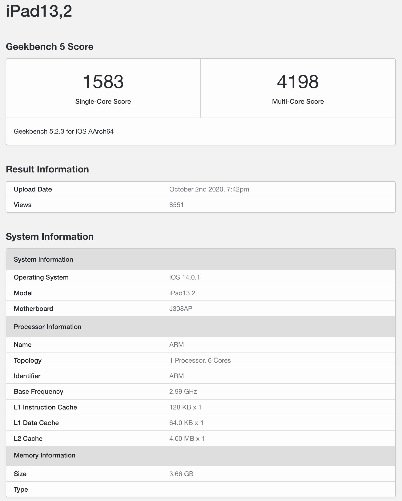 tablet iPad Air 2020 Apple A14 Geekbench
