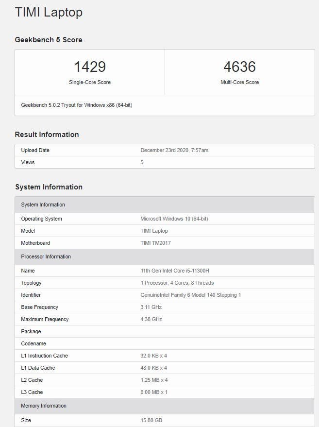 Mi Notebook Pro 2021 w Geekbench 5 (źródło: GizChina)