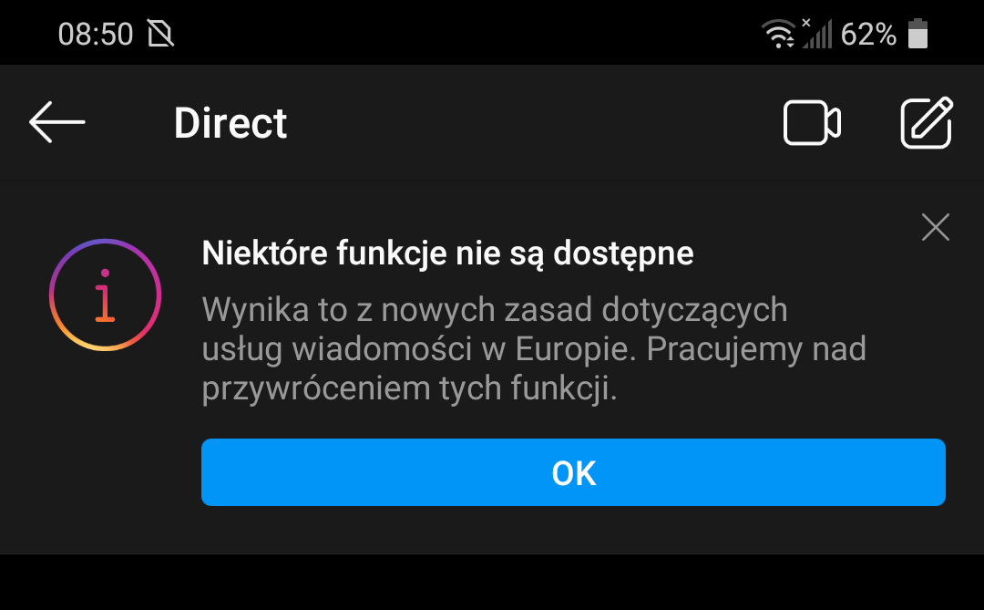 Messenger i instagram – komunikat.