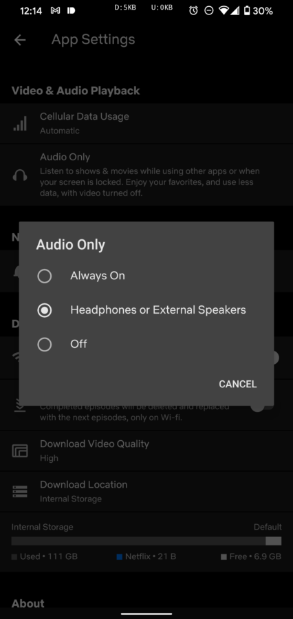 Opcja Audio Only w ustawieniach aplikacji Netflix (źródło: Android Police)