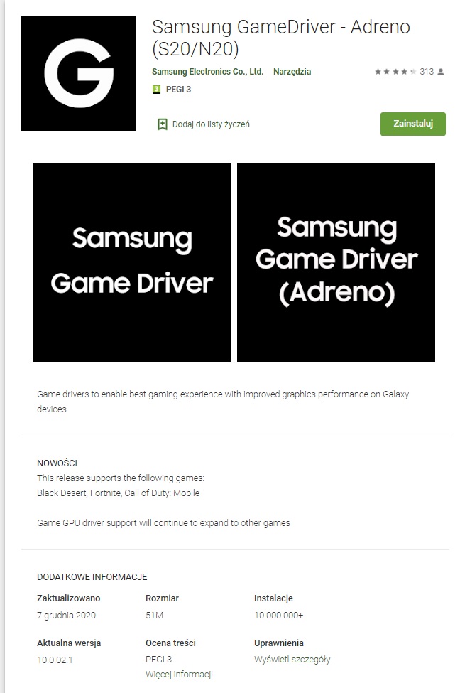 Samsung GameDriver (źródło: Google Play Store)