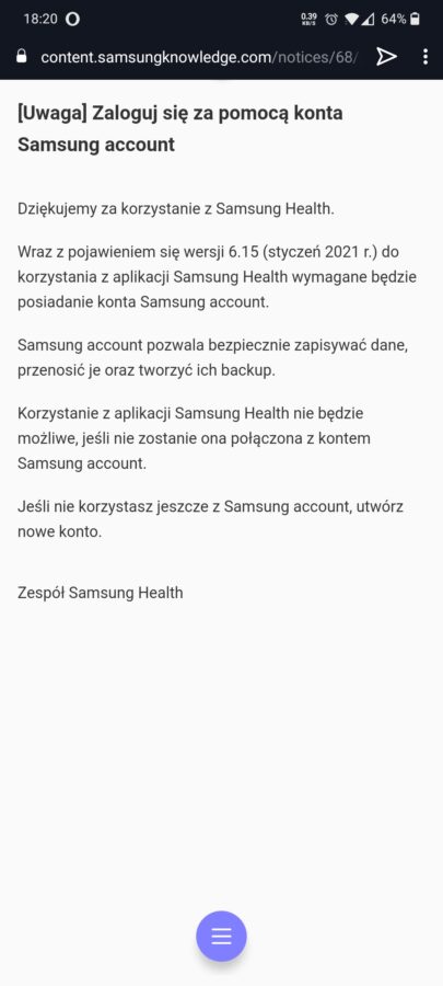 Informacje o integracji Samsung Health 6.15 z kontem Samsung Account (źródło: Samsung)