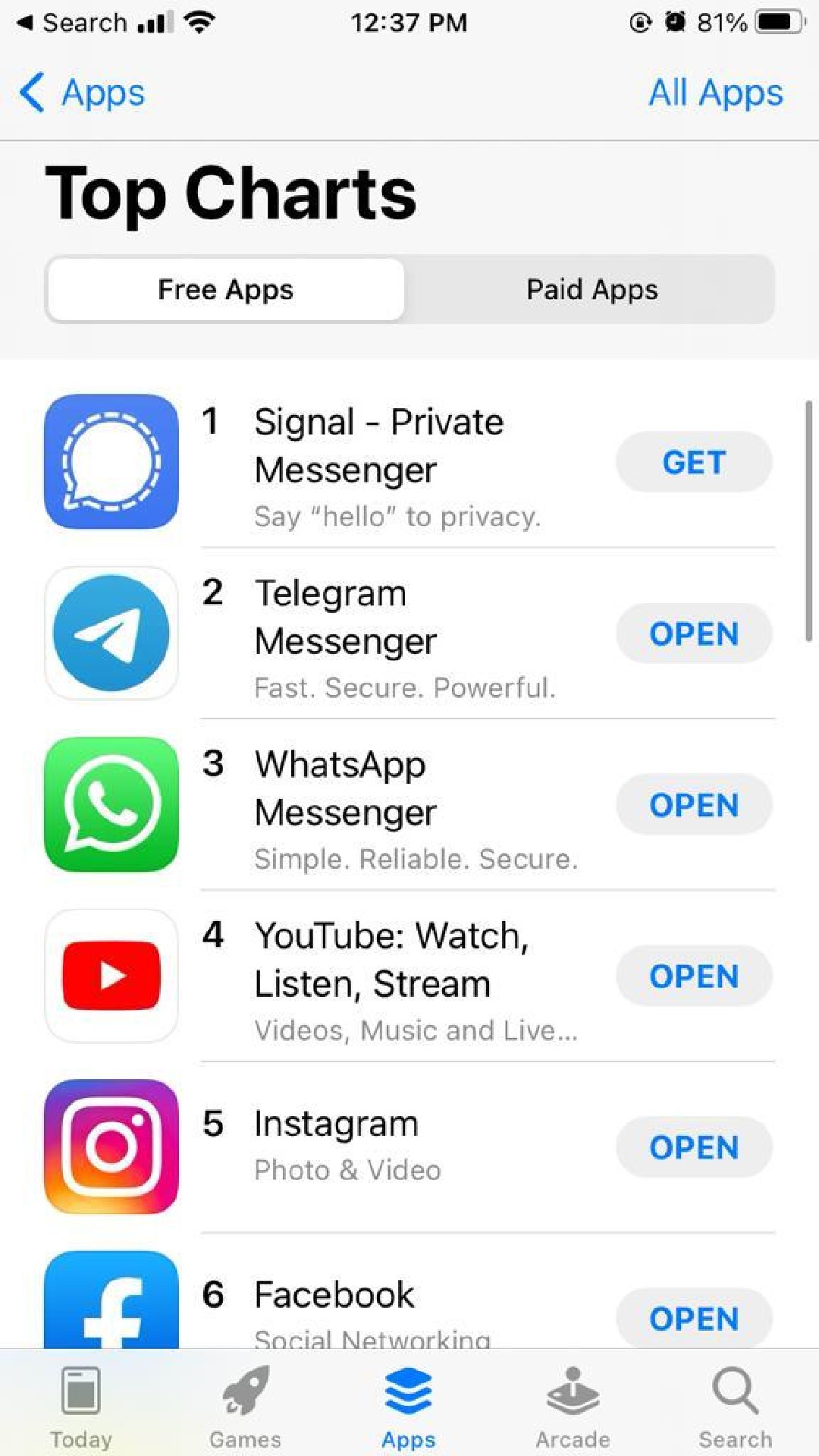Signal w rankingu App Store