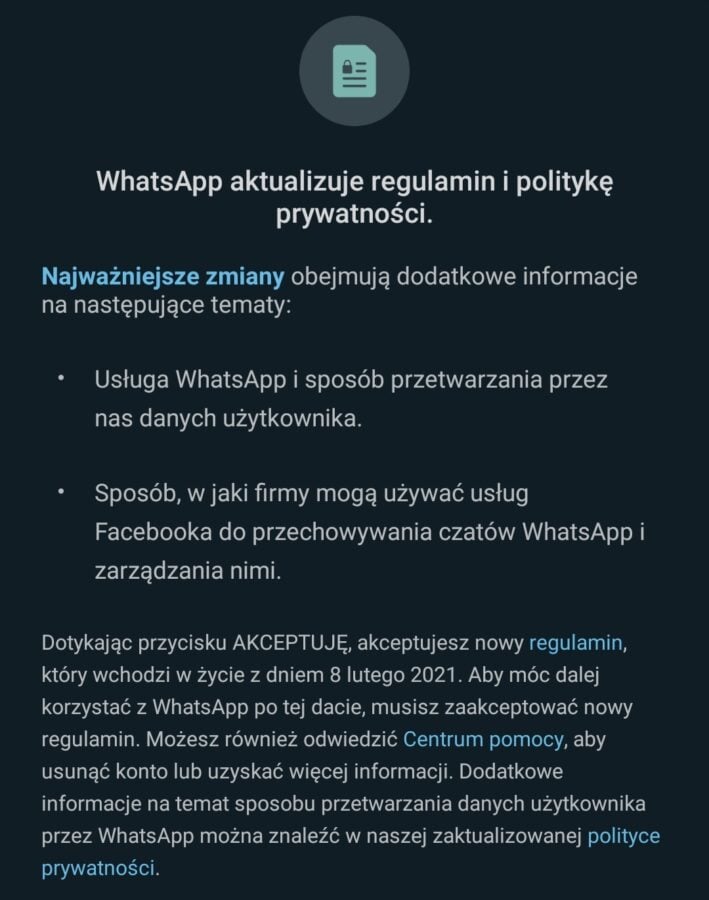 WhatsApp regulamin z 2021 roku