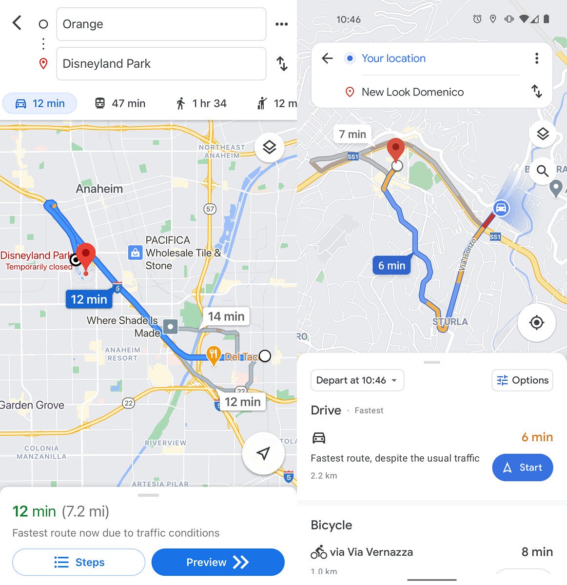 Mapy Google – nowy wygląd ekranu wyboru środka transportu.