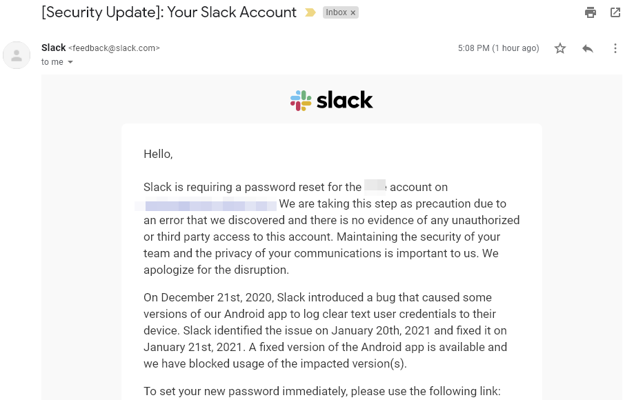 Przykład maila z prośbą o reset hasła Slack fot. via Android Police