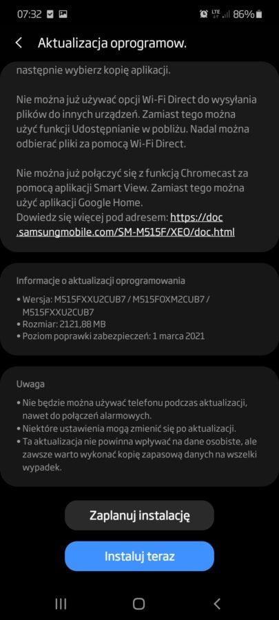 Samsung Galaxy M51 Android 11 One UI 3.1 aktualizacja