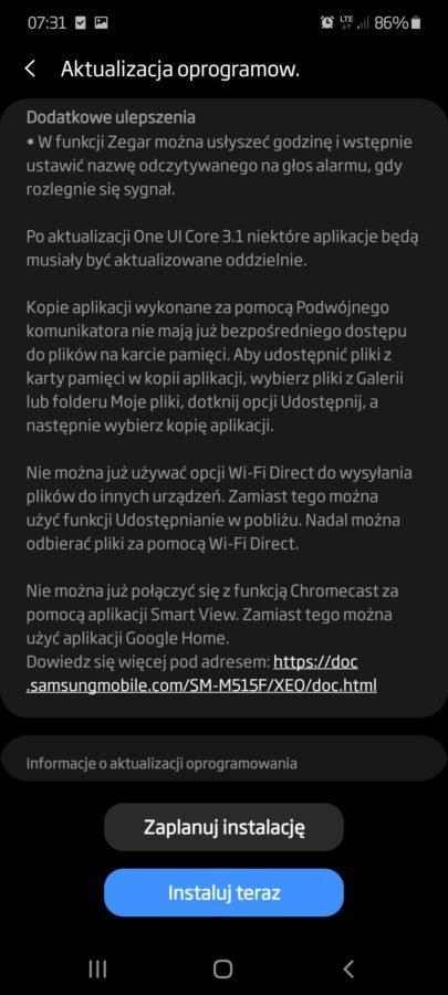 Samsung Galaxy M51 Android 11 One UI 3.1 aktualizacja