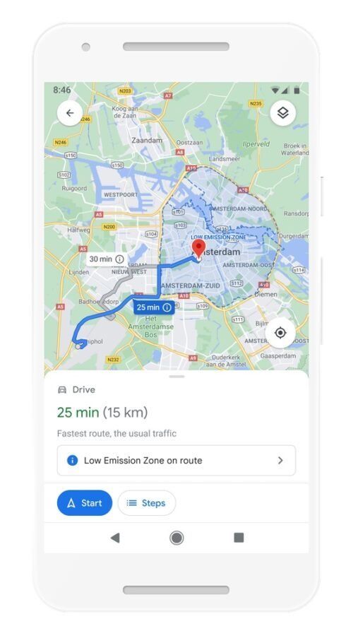 google maps strefy niskiej emisji zanieczyszczen