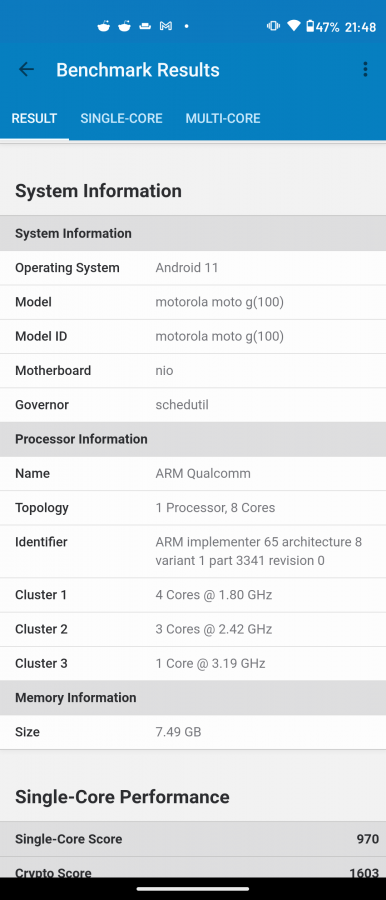 Recenzja Motorola Moto G100 - Wyniki benchmarków - fot. Tabletowo.pl
