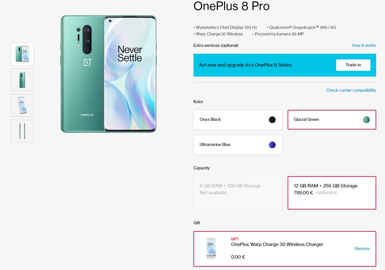 promocja OnePlus 8 Pro 12 GB 256 GB za 789 euro w sklepie OnePlus