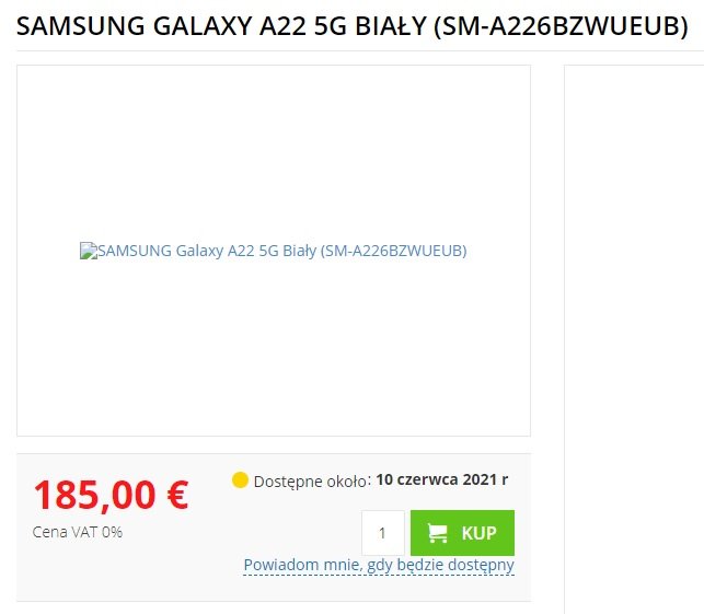 Samsung Galaxy A22 5G cena w Europie nieoficjalna