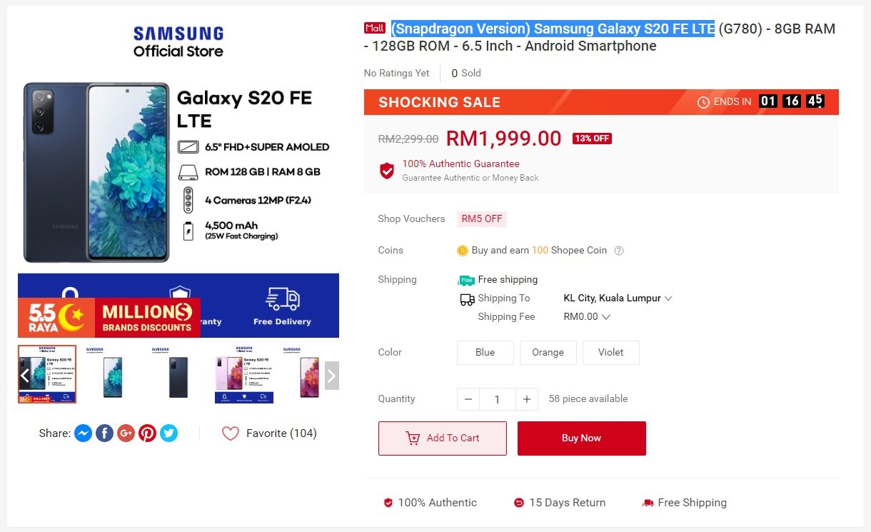 Samsung Galaxy S20 FE 4G z procesorem Qualcomm Snapdragon 865