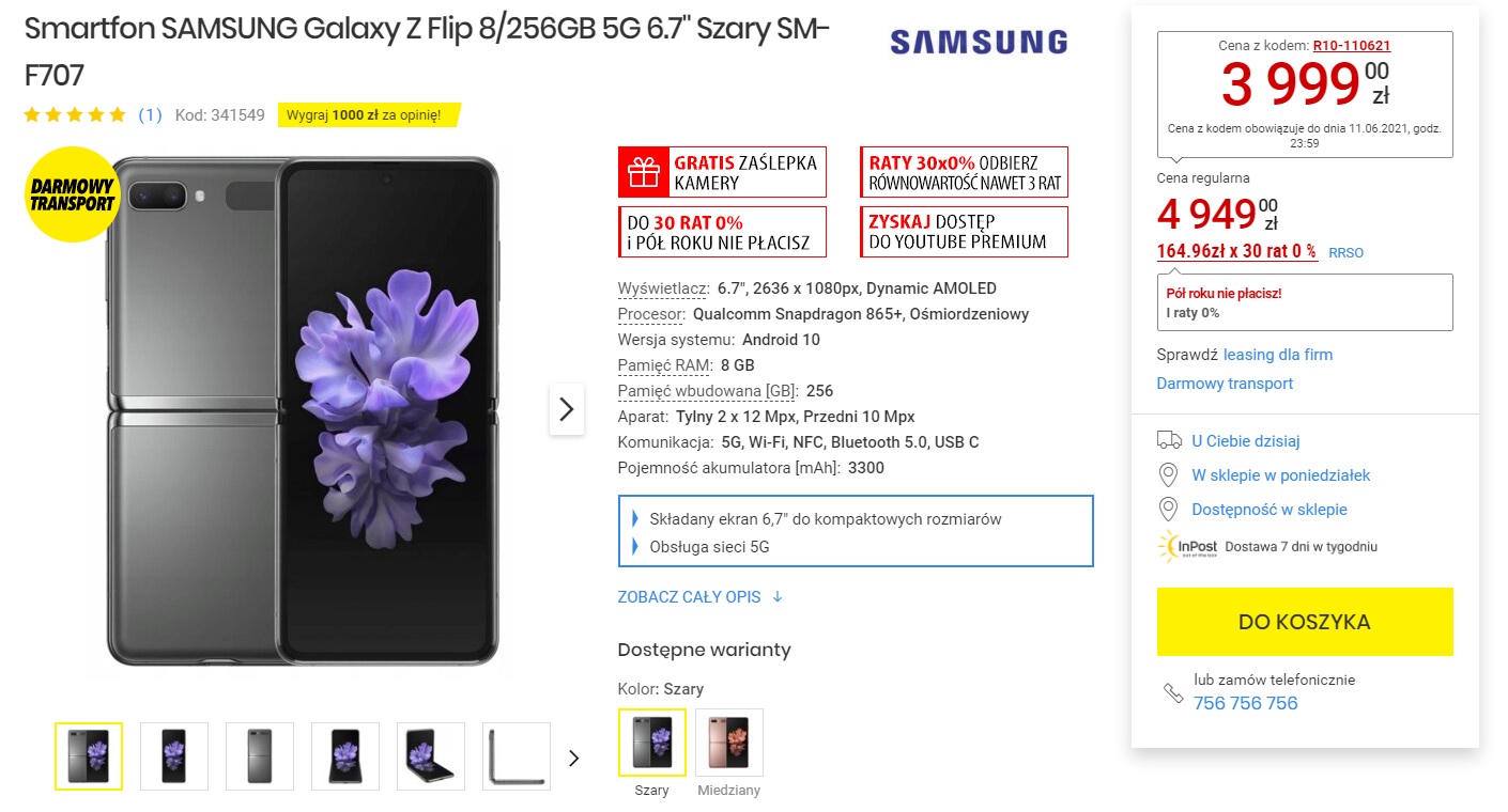 Samsung Galaxy Z Flip 5G za 3999 złotych w sklepie Media Expert